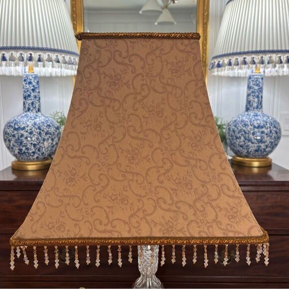 Tan tone on tone brocade Victorian style square lamp shade 14” beaded trim - Picture 1 of 4